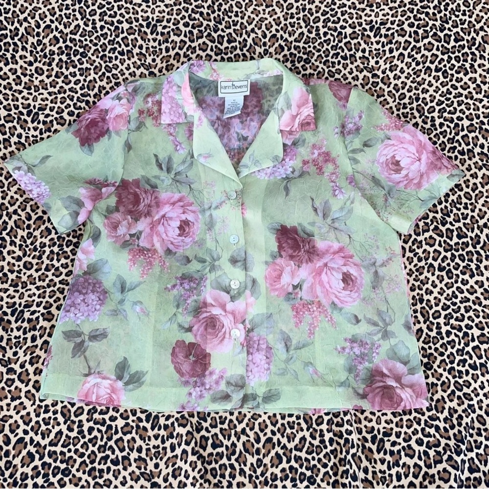 Vintage Large Blouse Floral Rose Patterned Fairycore Botanical Sheer Grandma Top